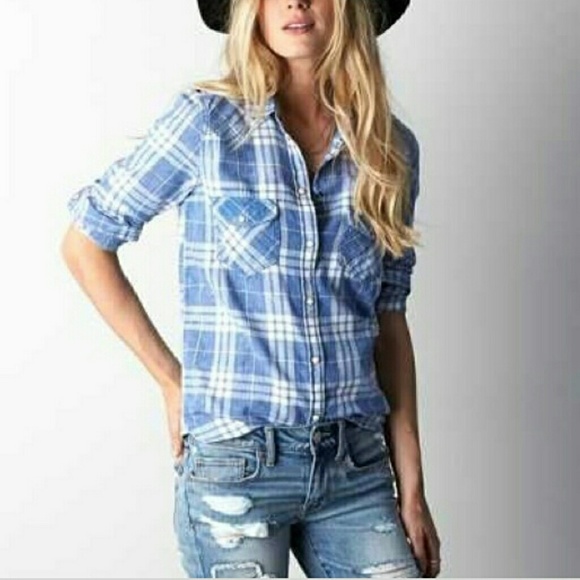 American Eagle Outfitters Tops - AEO Blue Vintage Boyfriend Plaid Shirt Size M